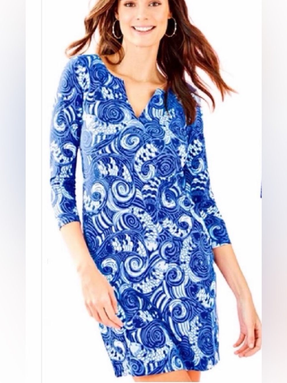 Lilly Pulitzer “So Offishal” Blue&White Swirl Fish print V-Neck Mini Shift Dress